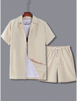 Men Solid Lapel Neck Shirt & Shorts