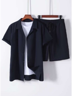 Men Solid Lapel Neck Shirt & Shorts