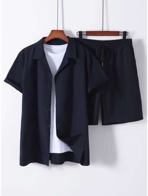 Shein Men Solid Lapel Neck Shirt & Shorts