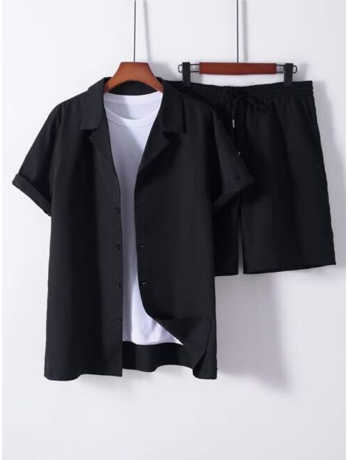 Shein Men Solid Lapel Neck Shirt & Shorts