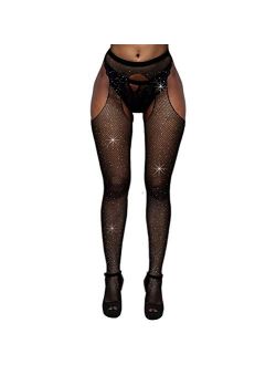 Bangmode Crystal Fishnet Stockings, Women's Sexy Sparkle Rhinestone Crotchless Stockings