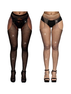 Bangmode Crystal Fishnet Stockings, Women's Sexy Sparkle Rhinestone Crotchless Stockings