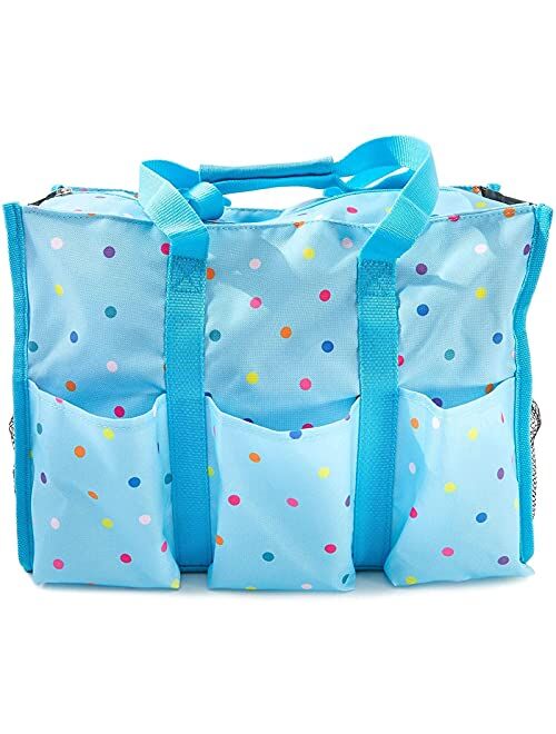 Juvale Rectangle Zip-Top Organizing Utility Tote Nursing Bag with Pockets for Teachers, Nurses, Moms - Blue with Rainbow Dots, 14.5 x 10.5 inches