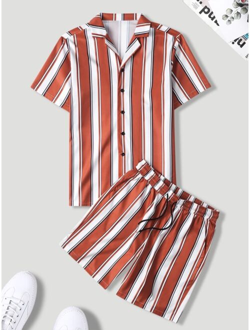 Shein Men Striped Shirt & Drawstring Waist Shorts