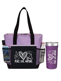 Zon And Beyond Peace, Love, Nursing Bag 2-Piece Gift for Nurses. Includes Insulated Tote Bag and Stainless-Steel Tumbler. Great Thank You Gift for Nurses. RN Gift