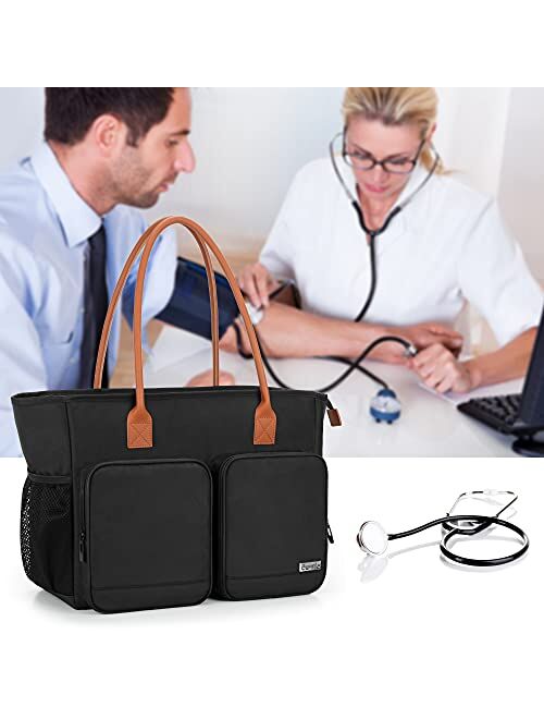 CURMIO Nursing Tote Bag, Portable Medical Bag with Shoulder Strap and Padded Laptop Sleeve for Nursing Work, Home Visits, Health Service, Black (Bag Only)