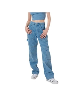 Ynocfri Women High Waisted Baggy Jeans Vintage Wide Straight Leg Boyfriend Denim Cargo Pants with Pockets Y2K Grunge Streetwear