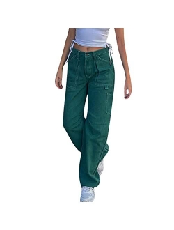 Ynocfri Women High Waisted Baggy Jeans Vintage Wide Straight Leg Boyfriend Denim Cargo Pants with Pockets Y2K Grunge Streetwear