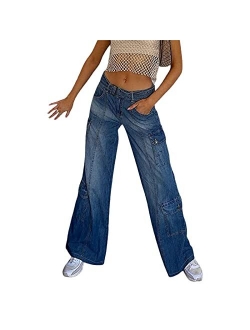 Ynocfri Women High Waisted Baggy Jeans Vintage Wide Straight Leg Boyfriend Denim Cargo Pants with Pockets Y2K Grunge Streetwear