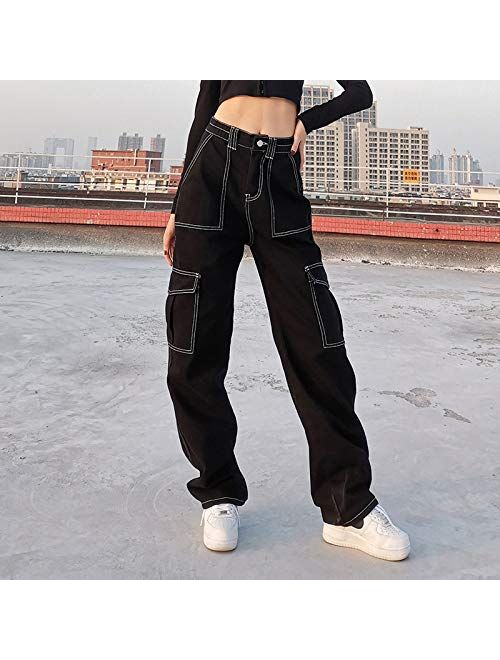 Ynocfri Women High Waisted Baggy Jeans Vintage Wide Straight Leg Boyfriend Denim Cargo Pants with Pockets Y2K Grunge Streetwear