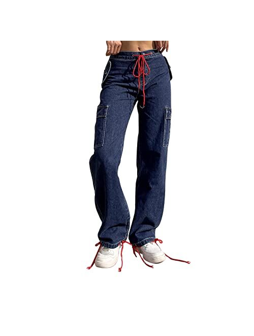 Ynocfri Women High Waisted Baggy Jeans Vintage Wide Straight Leg Boyfriend Denim Cargo Pants with Pockets Y2K Grunge Streetwear