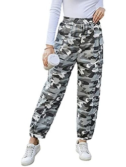 guyueqiqin Women's Cargo Pants, Casual Outdoor Solid Color Elastic High Waisted Baggy Jogger Workout Pants with Pockets