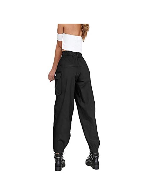 guyueqiqin Women's Cargo Pants, Casual Outdoor Solid Color Elastic High Waisted Baggy Jogger Workout Pants with Pockets