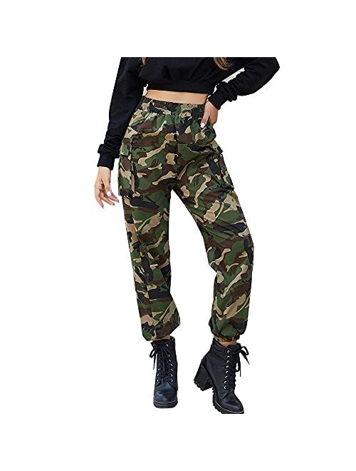 guyueqiqin Women's Cargo Pants, Casual Outdoor Solid Color Elastic High Waisted Baggy Jogger Workout Pants with Pockets