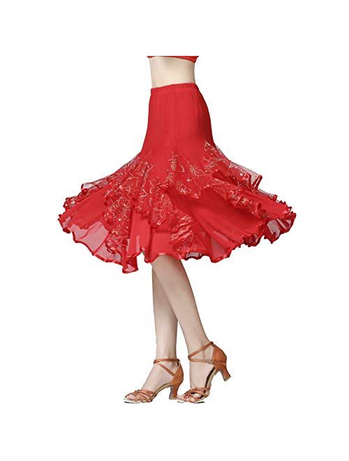 Whitewed Rhinestone Ruffle Drape Flowy Godet Latin Ballroom Swing Midi Dance Skirt Costumes