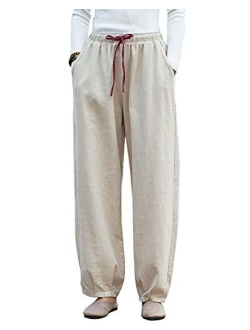 IXIMO Women's Casual Cotton Linen Baggy Pants with Elastic Waist Relax Fit Lantern Trousers