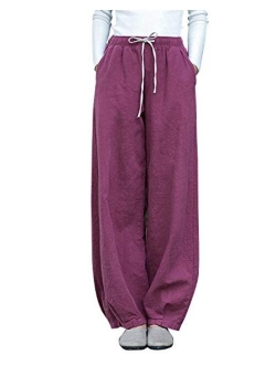 IXIMO Women's Casual Cotton Linen Baggy Pants with Elastic Waist Relax Fit Lantern Trousers