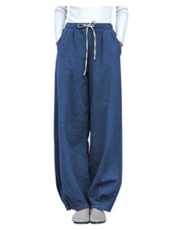 IXIMO Women's Casual Cotton Linen Baggy Pants with Elastic Waist Relax Fit Lantern Trousers