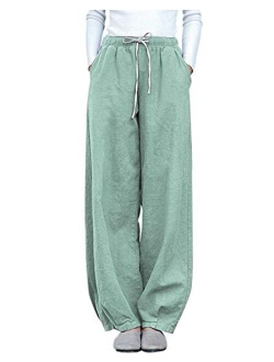 IXIMO Women's Casual Cotton Linen Baggy Pants with Elastic Waist Relax Fit Lantern Trousers