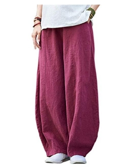 IXIMO Women's Casual Cotton Linen Baggy Pants with Elastic Waist Relax Fit Lantern Trousers