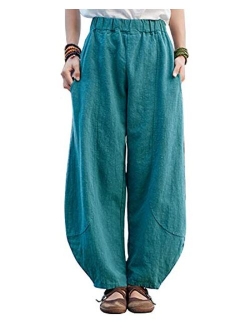 IXIMO Women's Casual Cotton Linen Baggy Pants with Elastic Waist Relax Fit Lantern Trousers