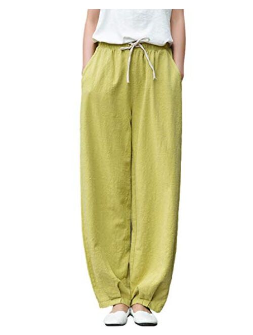 IXIMO Women's Casual Cotton Linen Baggy Pants with Elastic Waist Relax Fit Lantern Trousers