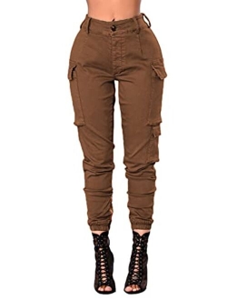 DRESSMECB Women's Casual Baggy Outdoor Elastic High Waisted Cargo Pant Jogger Pants with Pockets