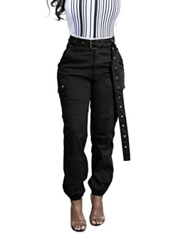 DRESSMECB Women's Casual Baggy Outdoor Elastic High Waisted Cargo Pant Jogger Pants with Pockets