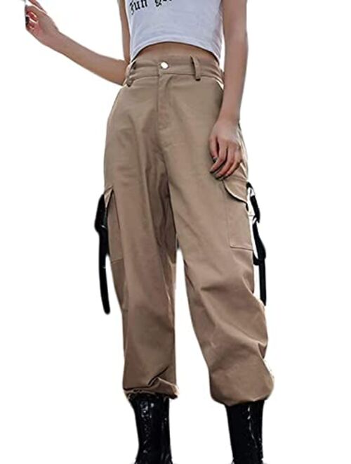 DRESSMECB Women's Casual Baggy Outdoor Elastic High Waisted Cargo Pant Jogger Pants with Pockets