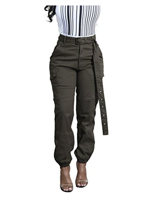 DRESSMECB Women's Casual Baggy Outdoor Elastic High Waisted Cargo Pant Jogger Pants with Pockets