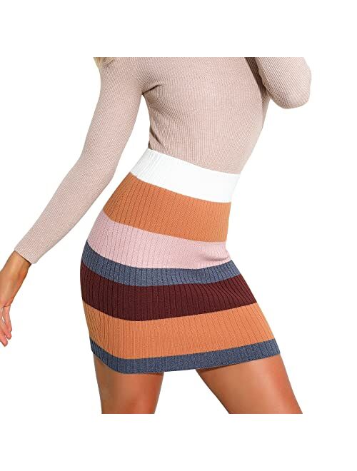 EXLURA Women's High Waisted Color Block Sheath Bodycon Skirt Patchwork Mini Skirt with Ribbed Knit