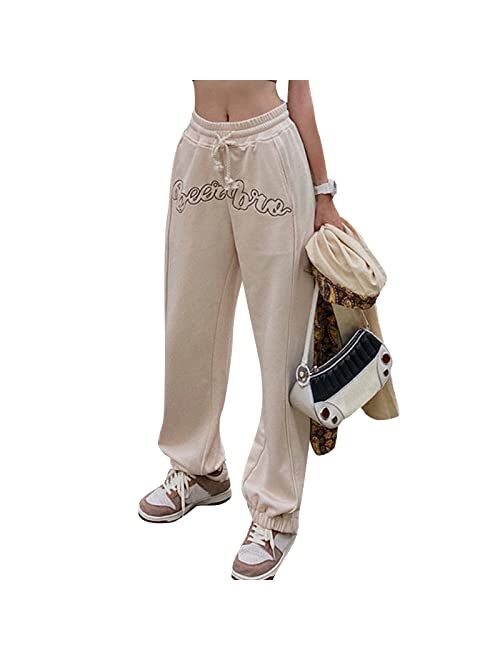 Alyweatry Women Baggy Hip Hop Pants 90s Athletic Graphic Drawstring Loose Jogger Cinch Bottom Sweatpants Streetwear