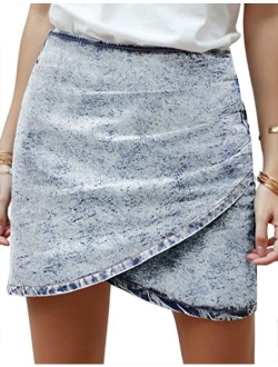 Vetinee Women's Tulip Hem Shirred Washed Casual Bodycon Short Jean Denim Skirt