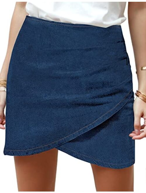 Vetinee Women's Tulip Hem Shirred Washed Casual Bodycon Short Jean Denim Skirt