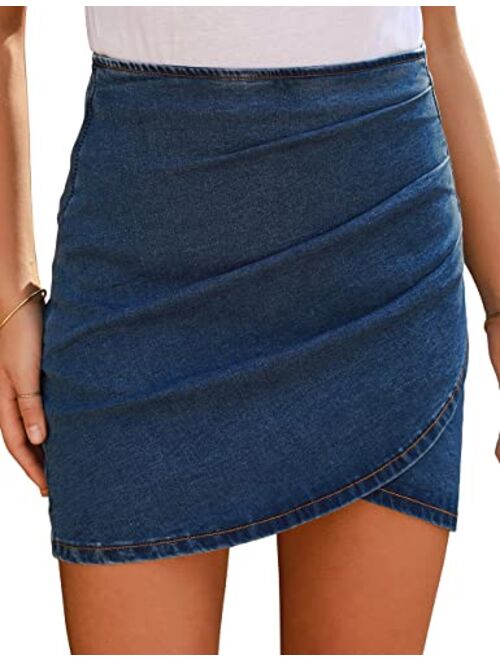 Vetinee Women's Tulip Hem Shirred Washed Casual Bodycon Short Jean Denim Skirt