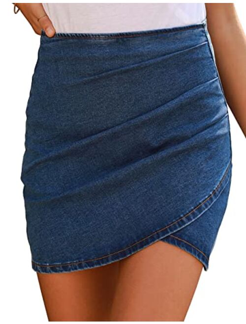 Vetinee Women's Tulip Hem Shirred Washed Casual Bodycon Short Jean Denim Skirt