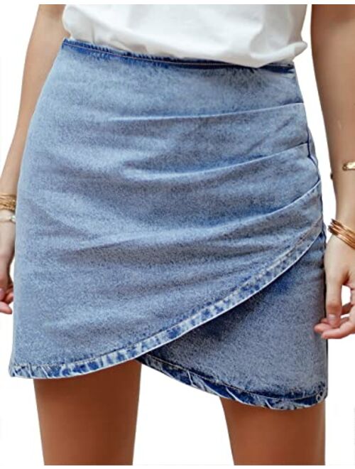 Vetinee Women's Tulip Hem Shirred Washed Casual Bodycon Short Jean Denim Skirt