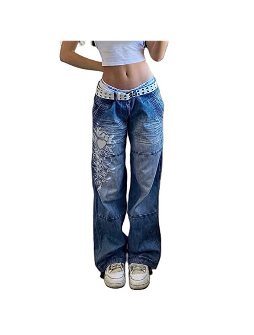 Naranjaburbuja Y2K Baggy Jeans Women Graphic Print Wide Leg Straight Pants Vintage Denim Cargo High Waist Trousers E-Girl Streetwear