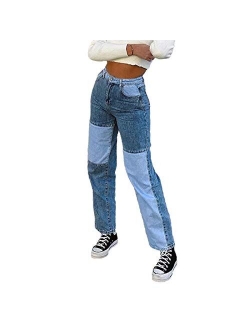 Purjarda Women's Fashion Baggy Jeans High Waisted Wide Leg Jeans Casual Straight Jeans Color Block Patch Denim Trousers