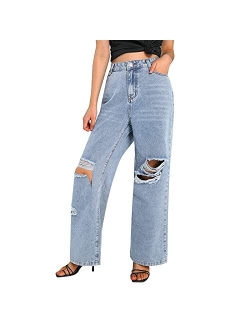 Purjarda Women's Fashion Baggy Jeans High Waisted Wide Leg Jeans Casual Straight Jeans Color Block Patch Denim Trousers