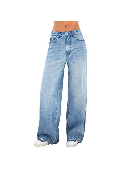 Purjarda Women's Fashion Baggy Jeans High Waisted Wide Leg Jeans Casual Straight Jeans Color Block Patch Denim Trousers