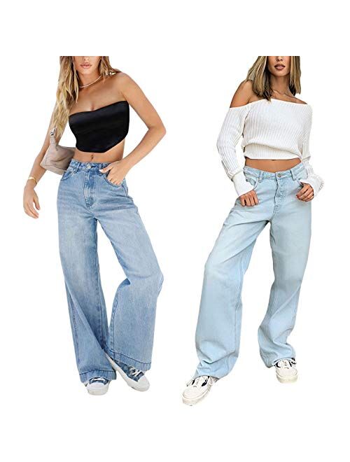 Purjarda Women's Fashion Baggy Jeans High Waisted Wide Leg Jeans Casual Straight Jeans Color Block Patch Denim Trousers