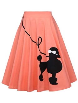 CHARTOU Women's 50s Cute Poodle Zipper Back Ruffled Swing A-Line Skirt