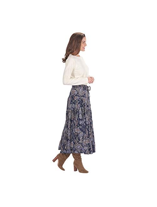 CATALOG CLASSICS Womens Sequins & Paisley Skirt- Blue Tiered Broomstick Elastic Drawstring Waist