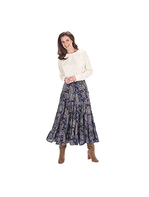 CATALOG CLASSICS Womens Sequins & Paisley Skirt- Blue Tiered Broomstick Elastic Drawstring Waist