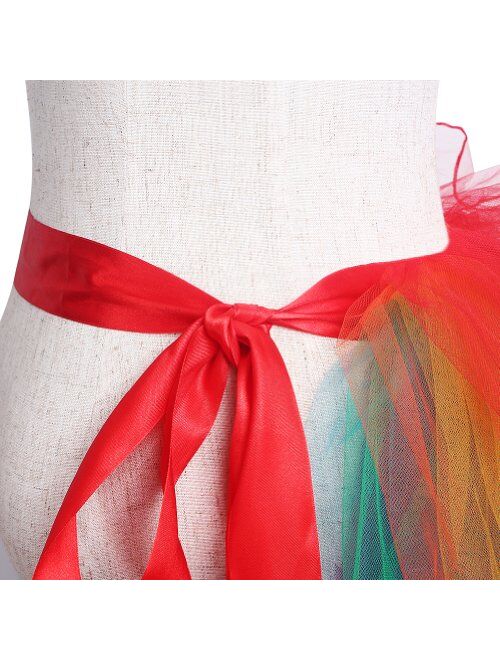 NHSUNRAY Women Girls Dancing Tutu Skirt Layered Organza Lace Rainbow Bustle Skirt Ruffle Tiered Clubwear,Multi-Color One Size with Adjustable Ribbon Tie