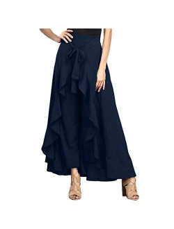 iYYVV Women's Fancy High Waist Lace Up Ruffle Flowy Trouser Skirt Loose Legging Dress Pants