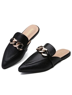 EasySmile Metal Chain Decor Flat Mules for Women Closed Pointed Toe Slip on Loafers Slides Backless Mules Shoes