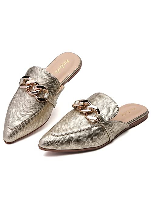 EasySmile Metal Chain Decor Flat Mules for Women Closed Pointed Toe Slip on Loafers Slides Backless Mules Shoes