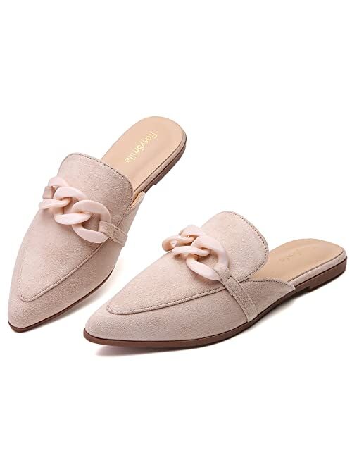 EasySmile Metal Chain Decor Flat Mules for Women Closed Pointed Toe Slip on Loafers Slides Backless Mules Shoes